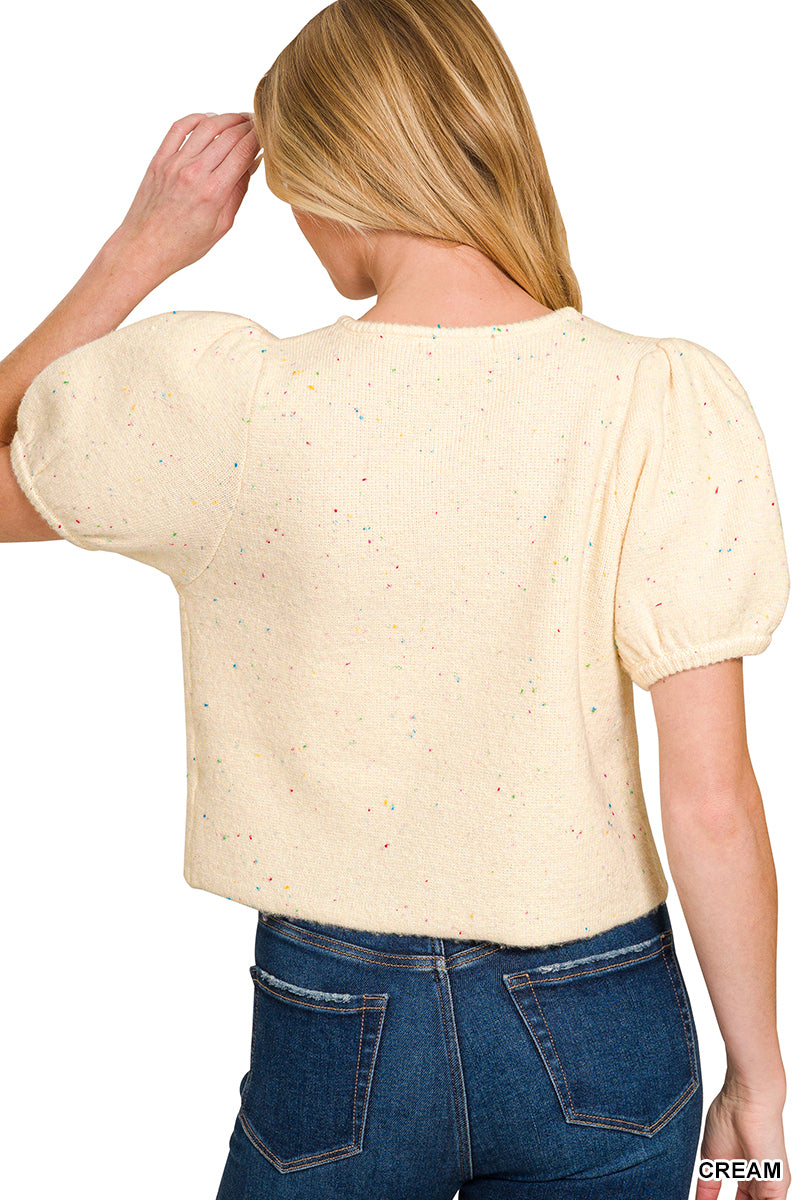 TW-2728Y Puff Sleeve Cardigan Sweater Top