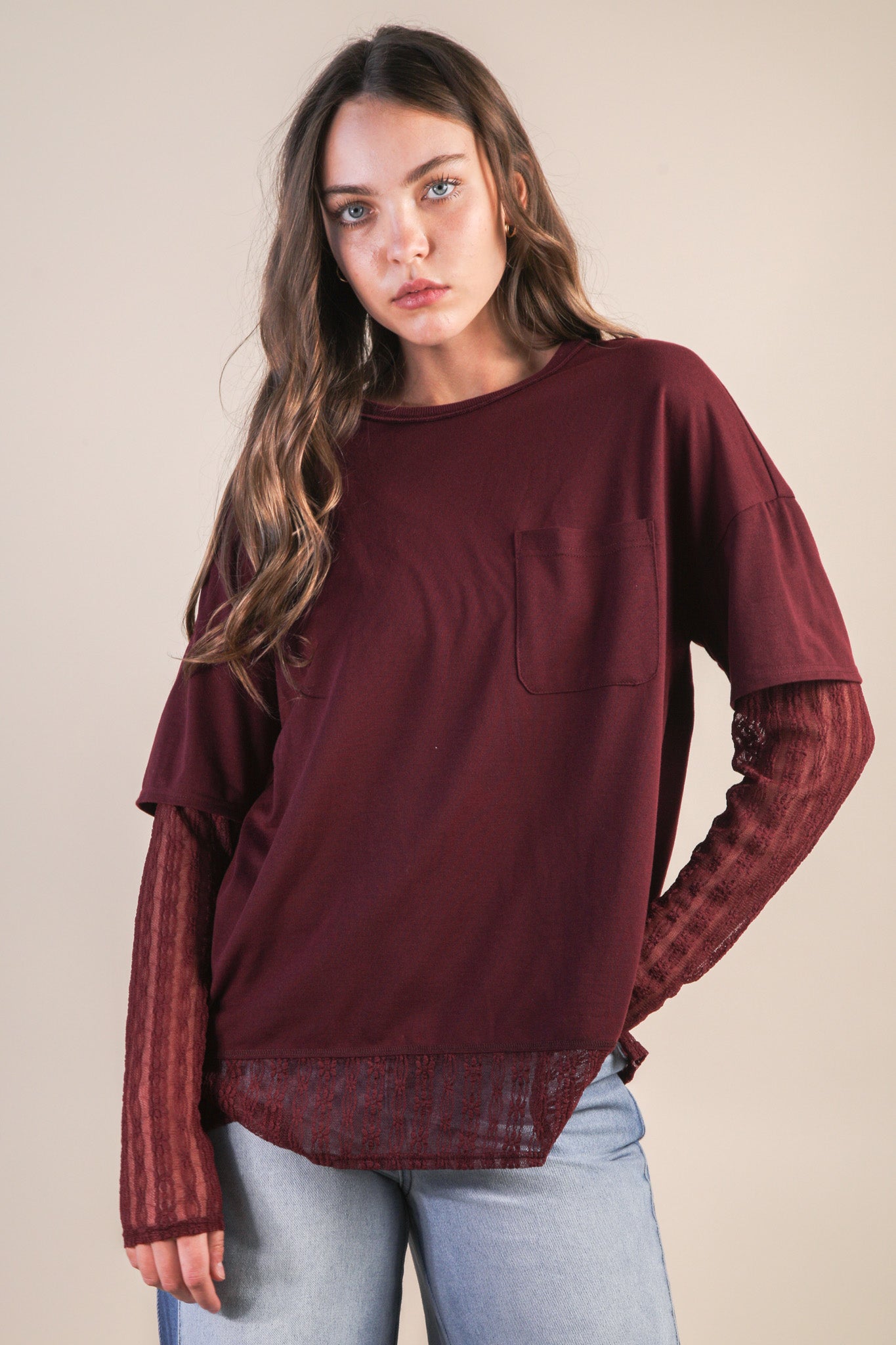 NT12351 Oversized Knit Top with Lace