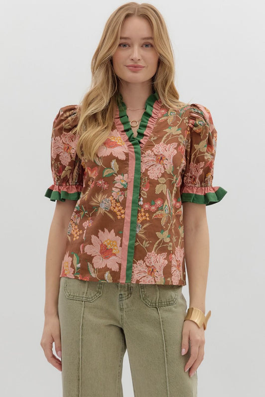 T27949 Floral Print Puff Sleeve Top