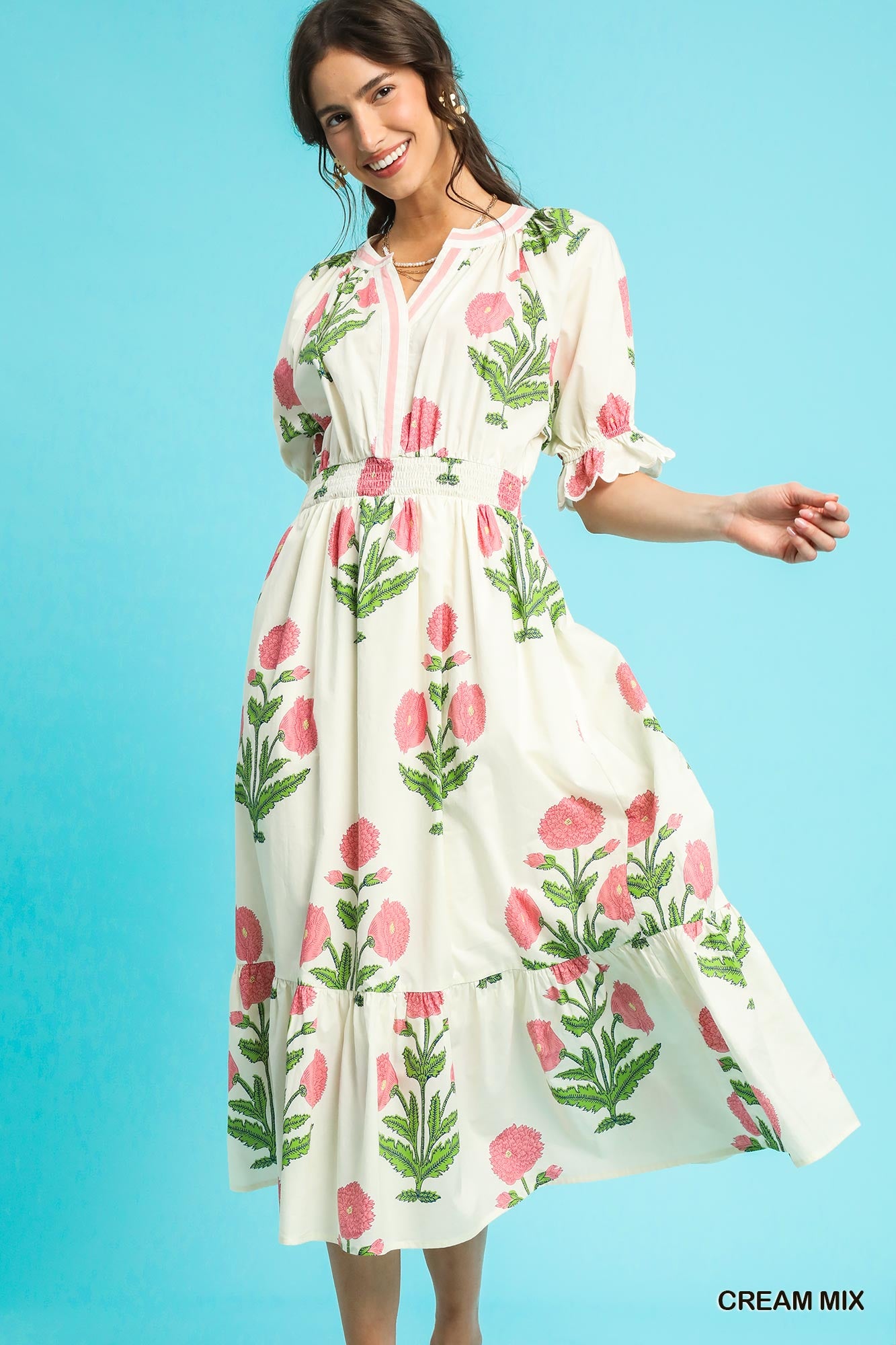 C4849 Floral Smocked Midi Dress