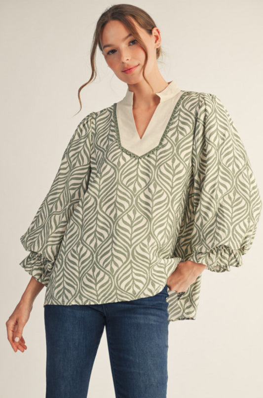 H50038 3/4 Sleeve Boho Leaf Print Top