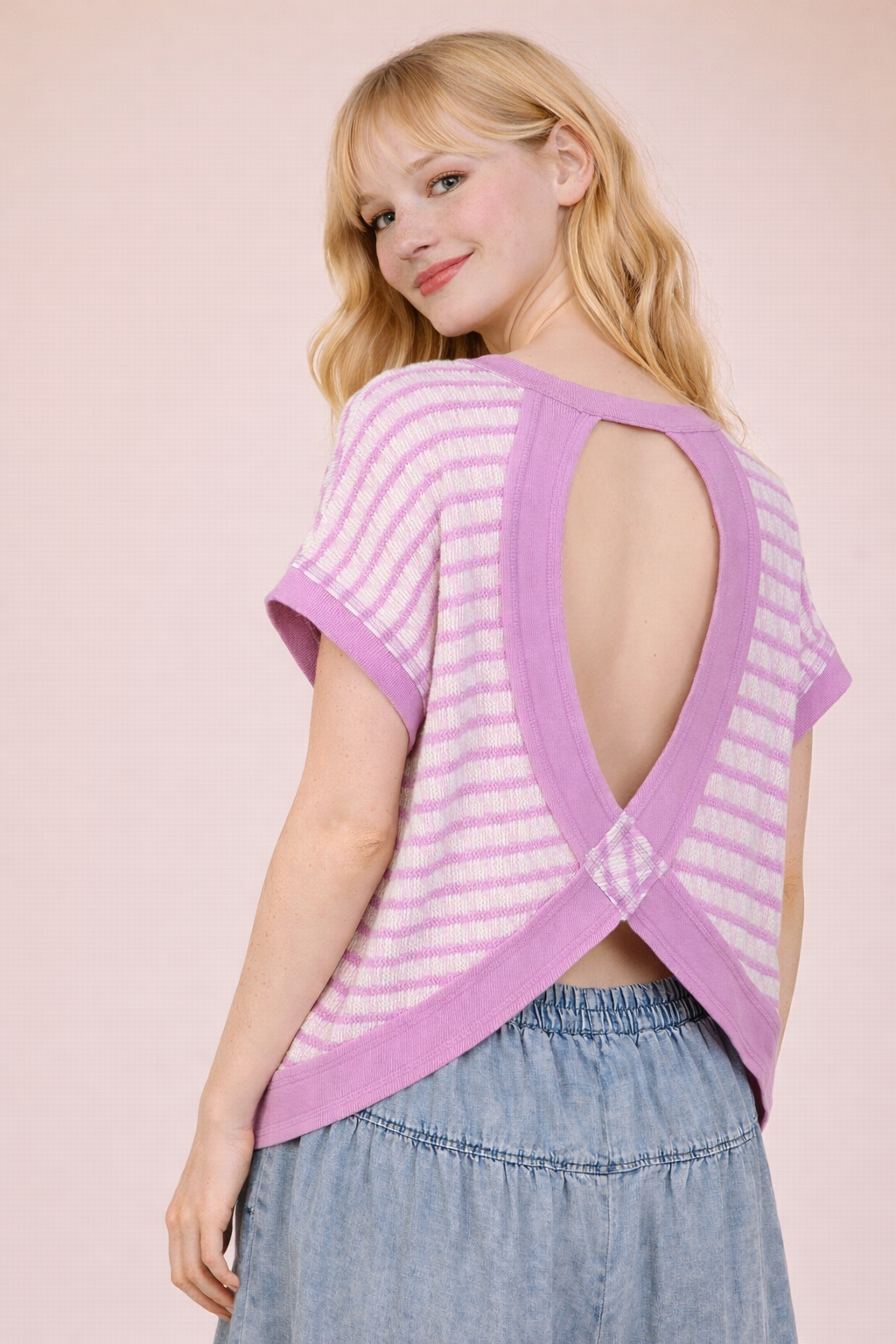 NT12605 Open Back Striped Textured Top