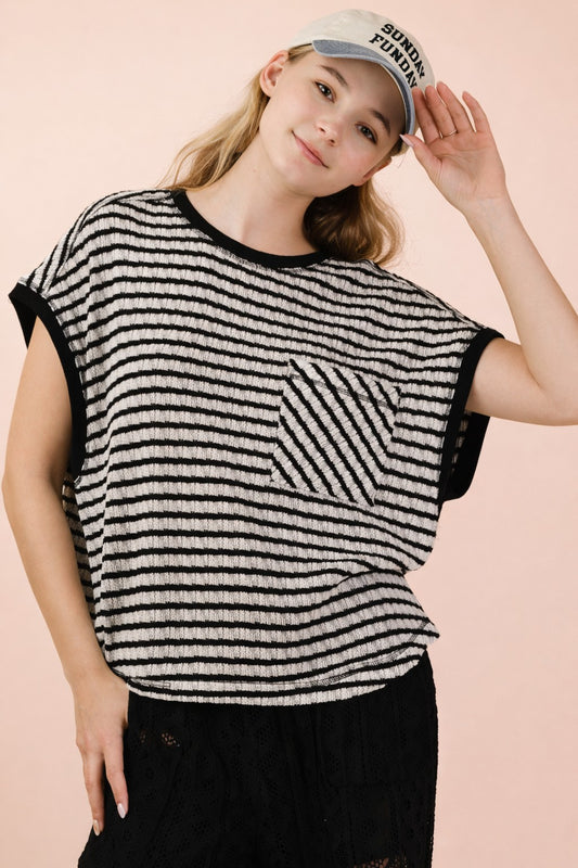 NT12605 Open Back Striped Textured Top
