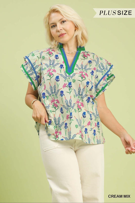 WK1480 Curvy Mix Floral Print Top with Contrast Trim