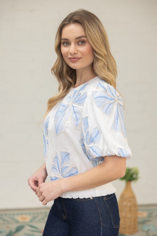 36711 Contrast Band Detailed Floral Embroidery Top