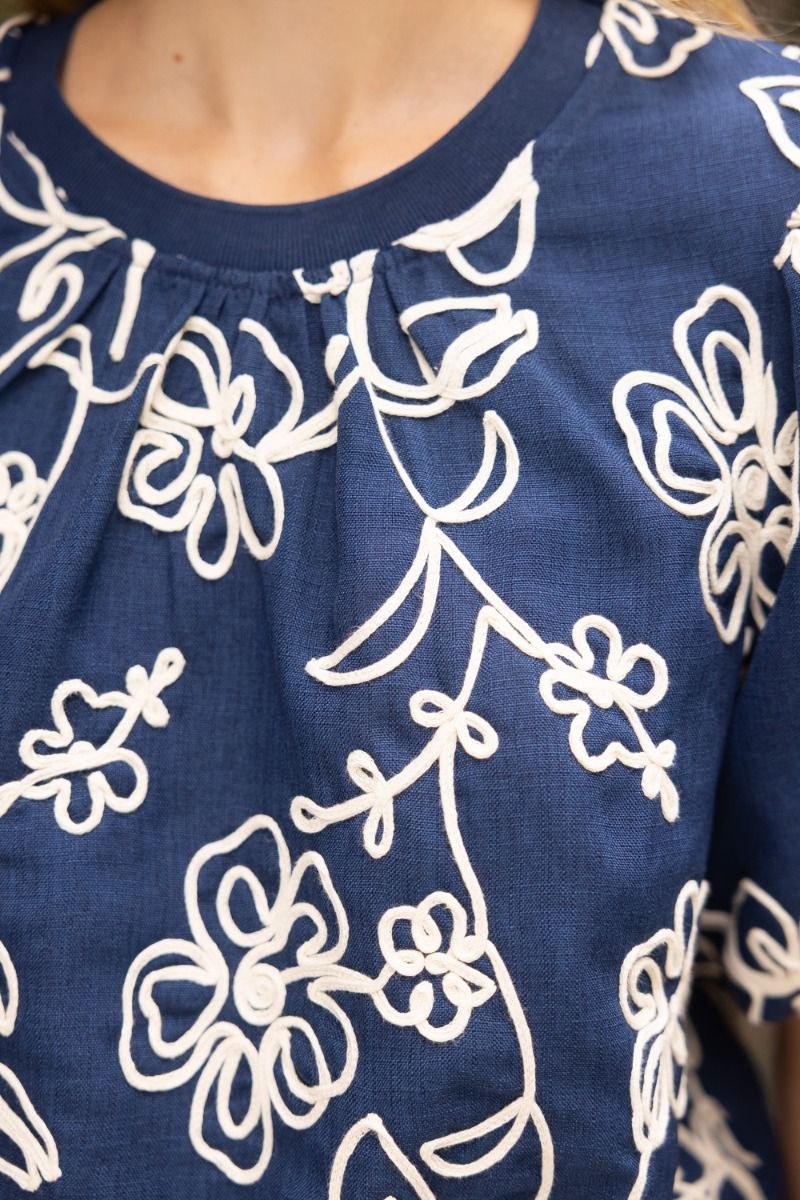 35867 Floral Embroidered Short Bubble Sleeve Top