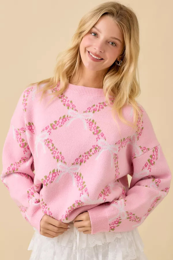 LL21003 Coquette Ribbon Floral Sweater