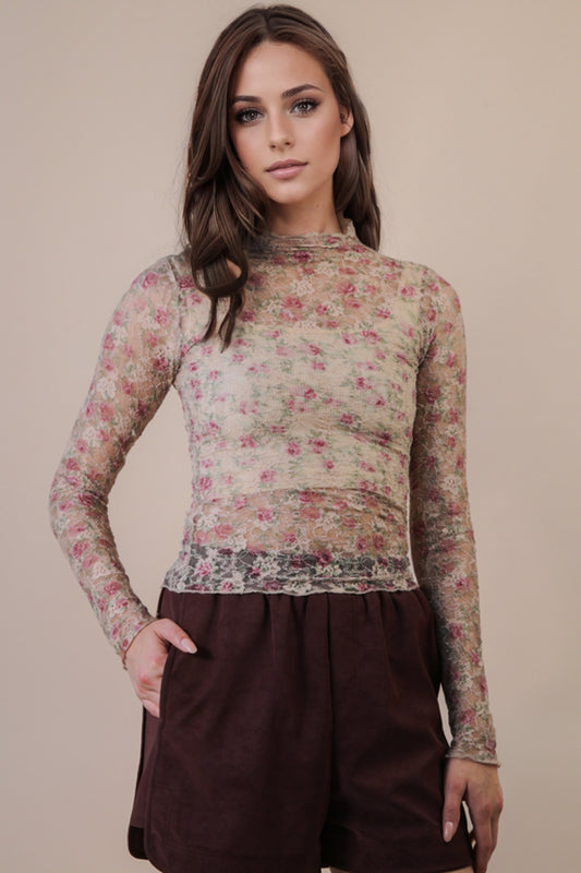 NT12220 Fitted Sheer Mesh Lace Top