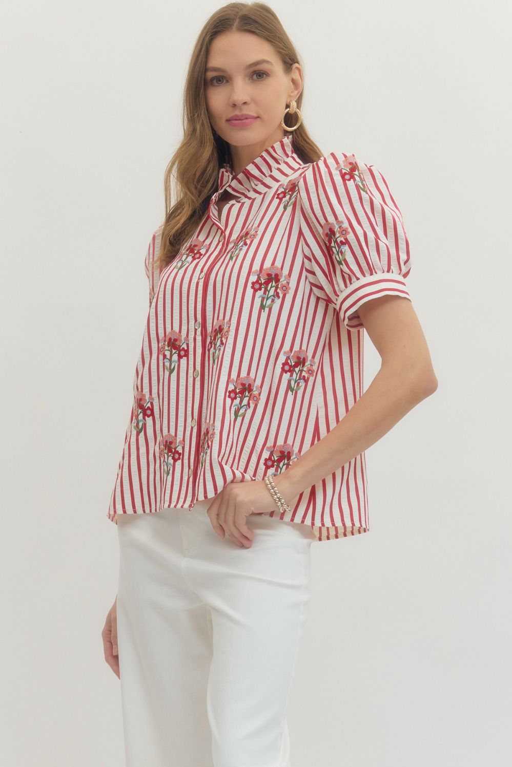 T29683 Striped Floral Embroidered Top