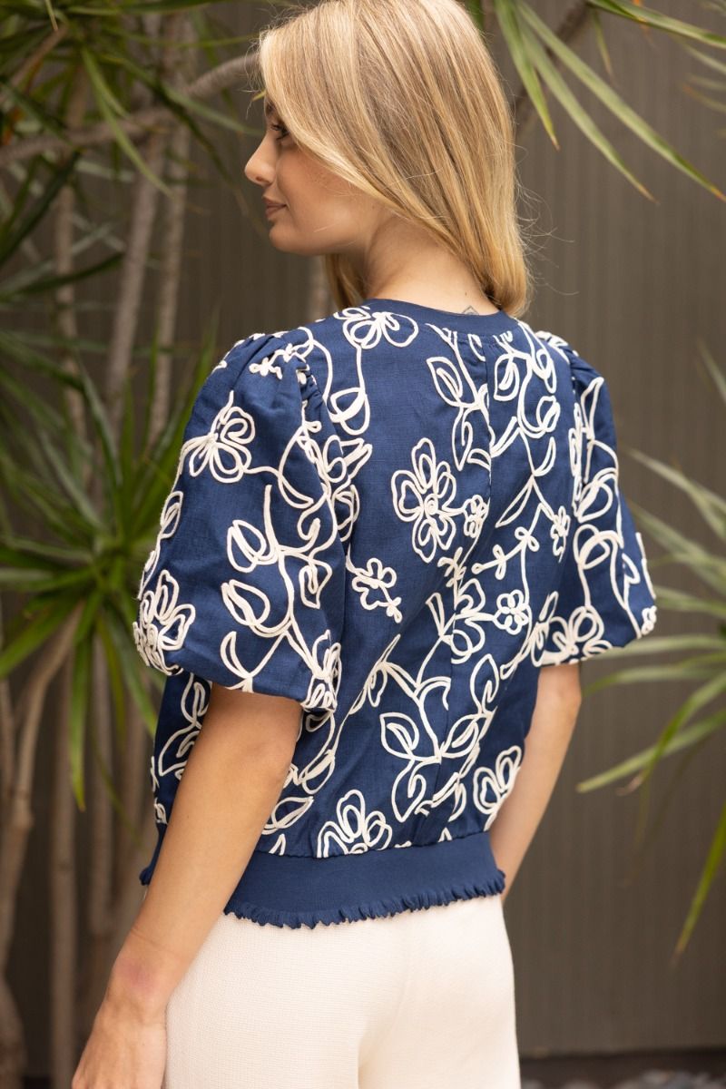 35867 Floral Embroidered Short Bubble Sleeve Top