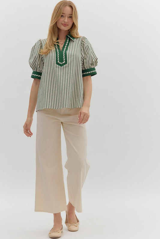 T27102 Stripe Pattern Puff Sleeve Top