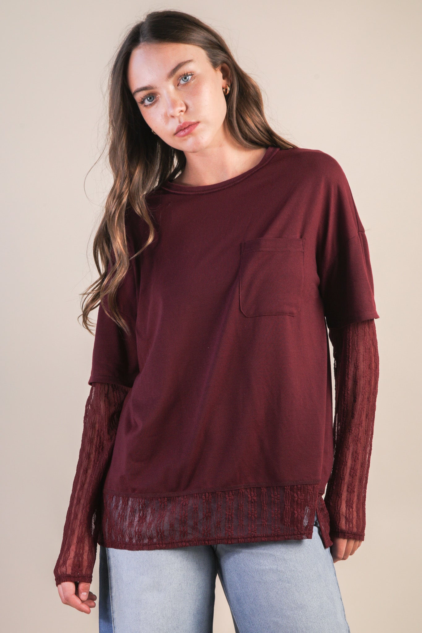 NT12351 Oversized Knit Top with Lace