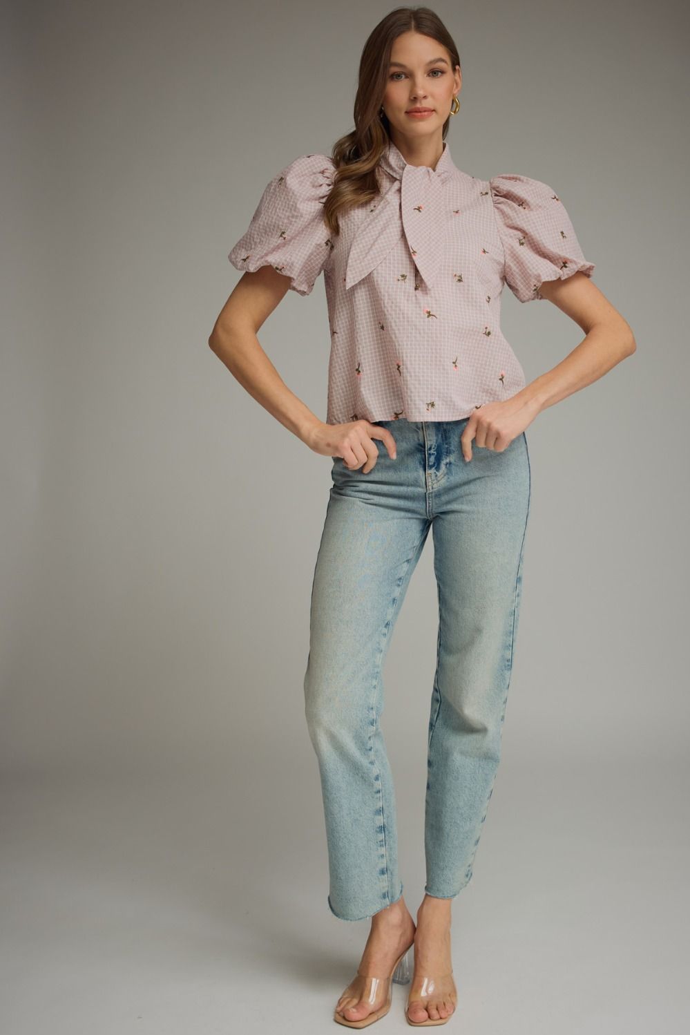 T32554 Checkered Floral Embroidered Top