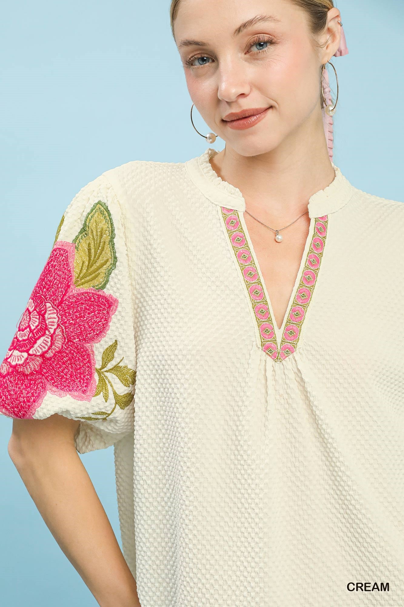 K1858 Textured Jacquard Bubble Sleeve Top