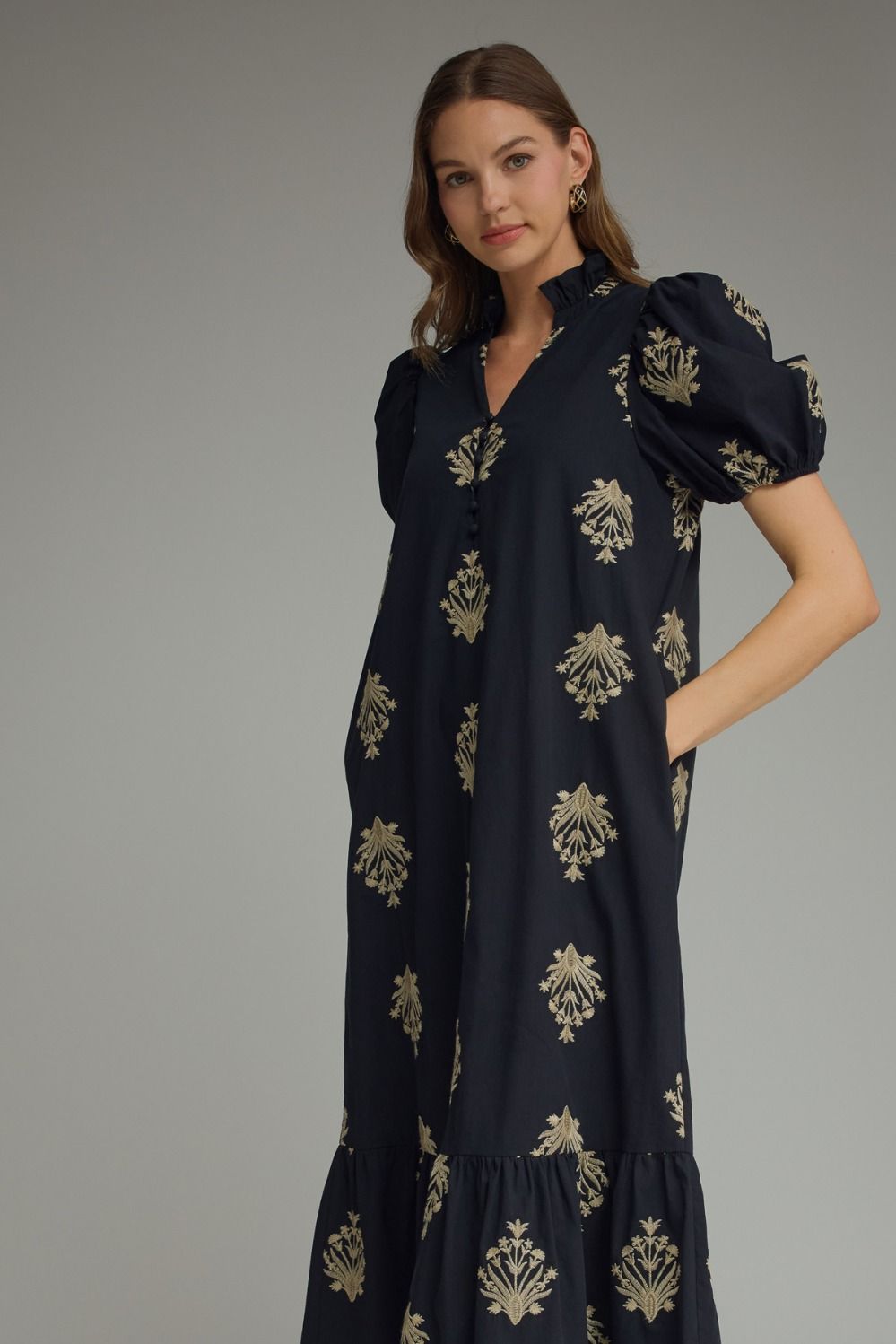 D30221 Embroidered Botanical Midi Dress