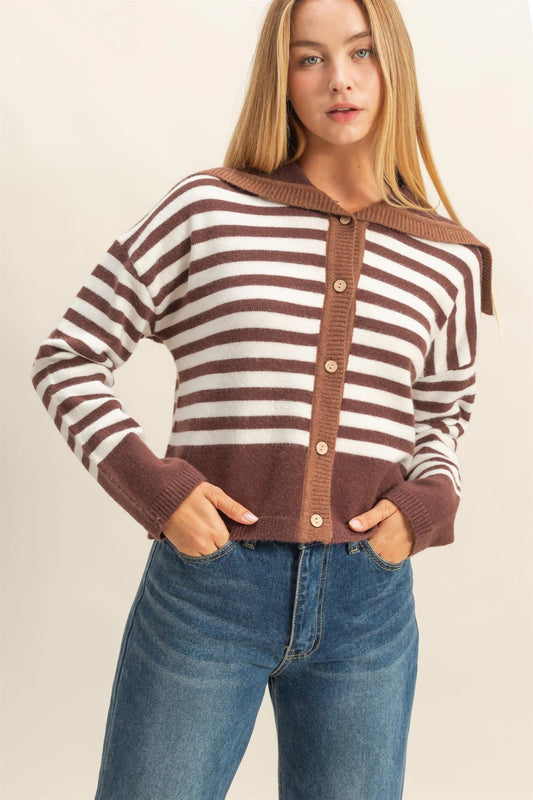 HF25E587 Striped Button-Up Sailor Collar Sweater