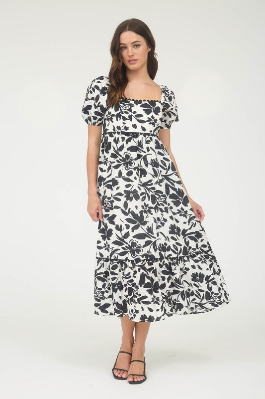 CR2559 Floral Puff Sleeve Midi Dress