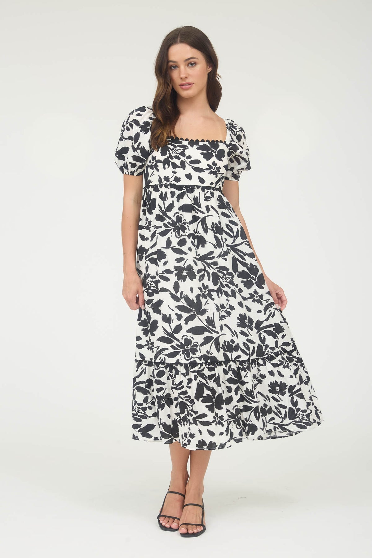 CR2559 Floral Puff Sleeve Midi Dress
