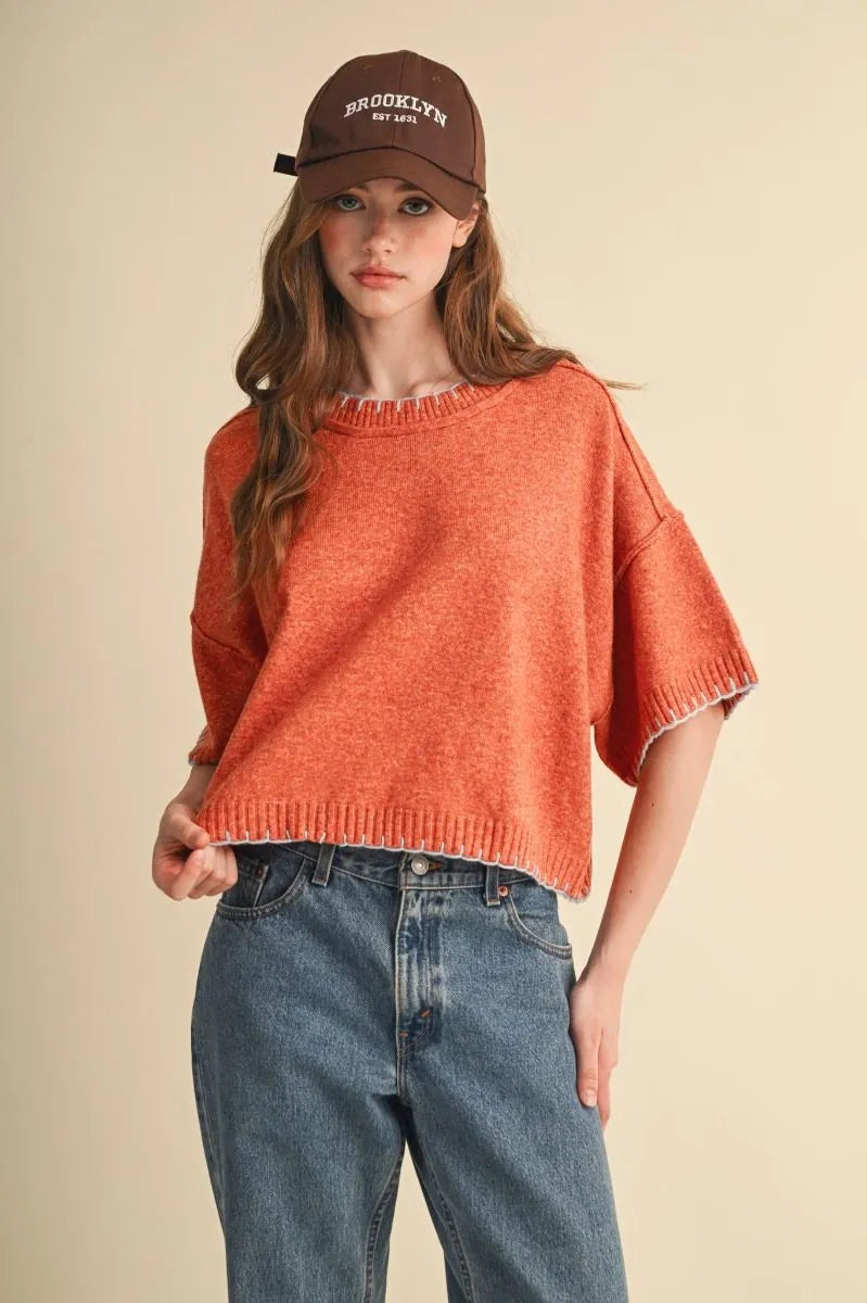 MSW11407 Blanket Stitch Mock Neck Sweater Top