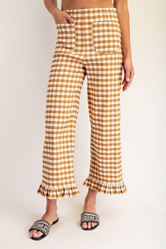 PK14573 Gingham Ruffle Trim Straight Leg Pants