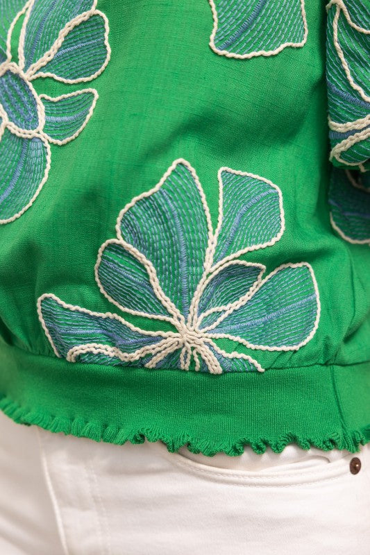 36711 Contrast Band Detailed Floral Embroidery Top