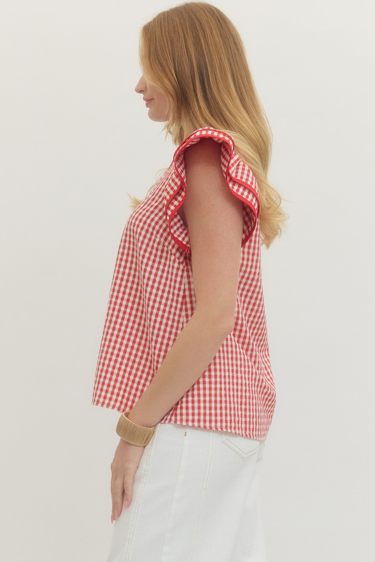 T29000 Gingham Flutter Sleeve Top