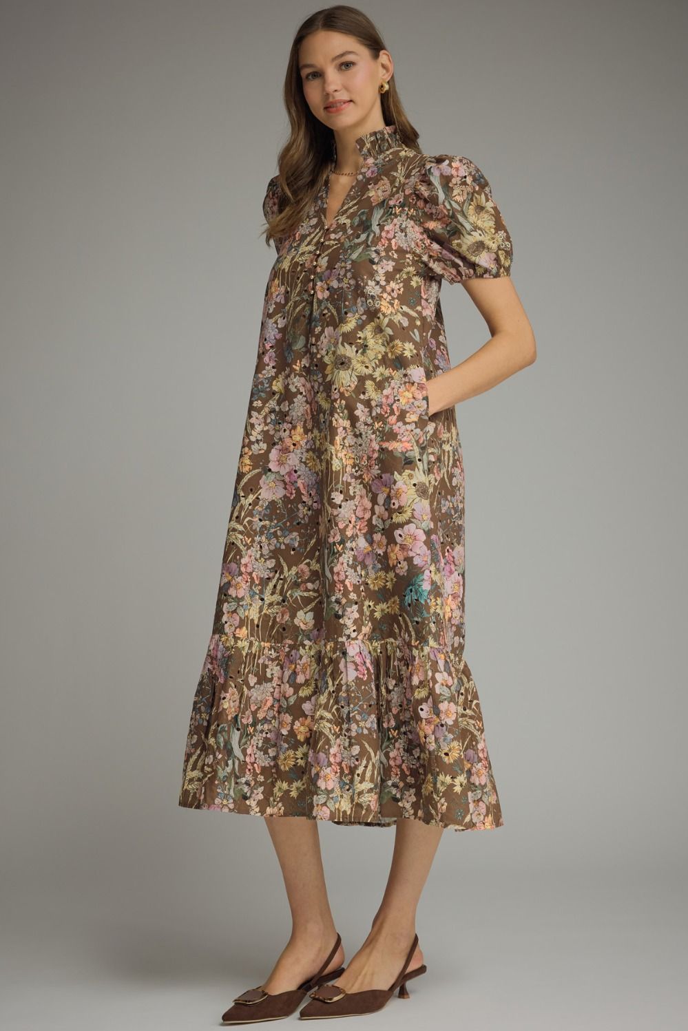 D32053 Floral Eyelet Midi Dress