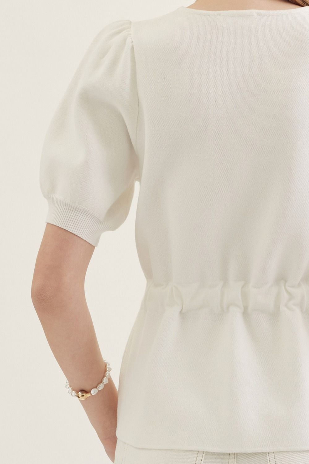 T30303 Solid Self Tie Waist Detail Top