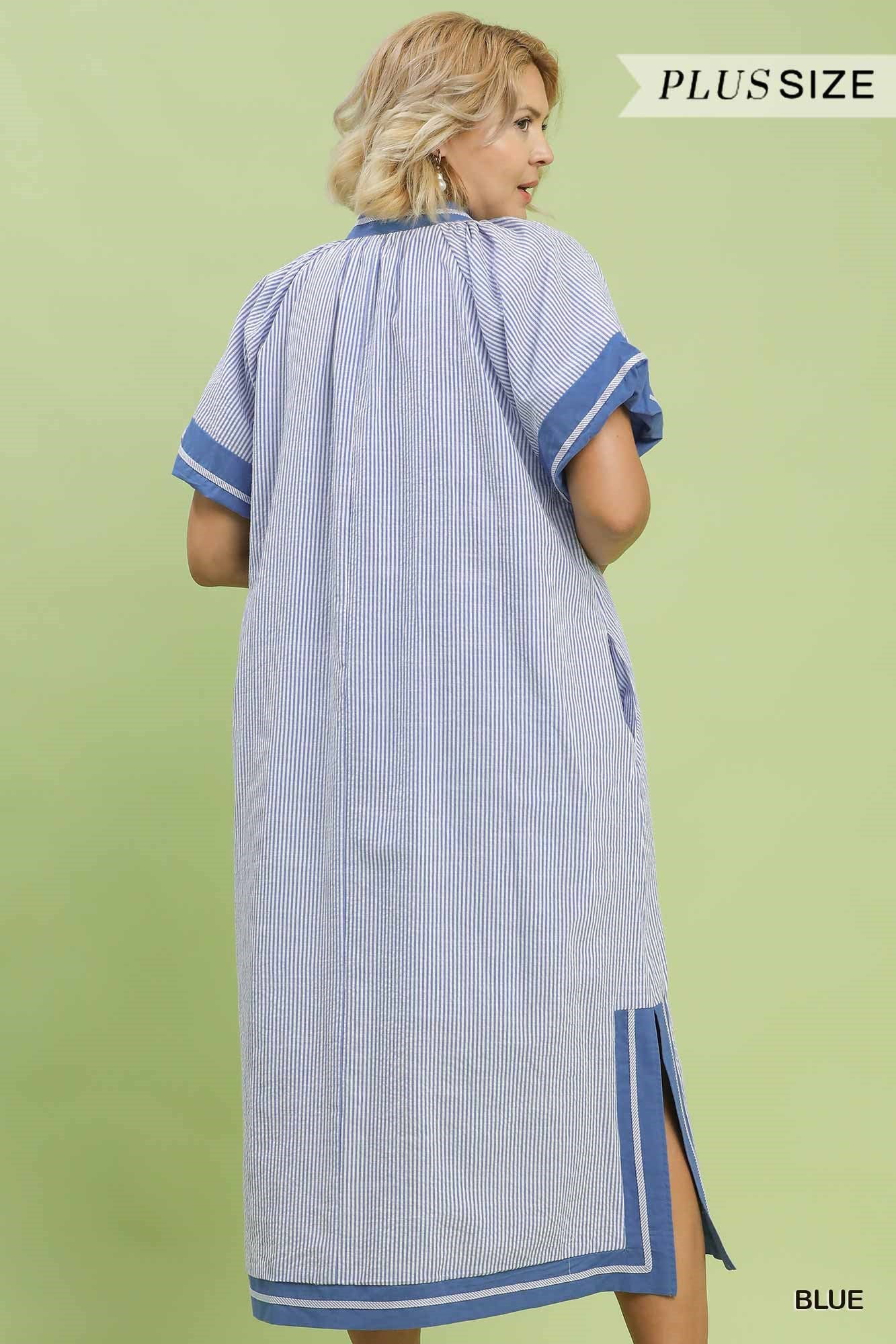 WK2097 Curvy Pinstripe Contrast Trim Midi Dress