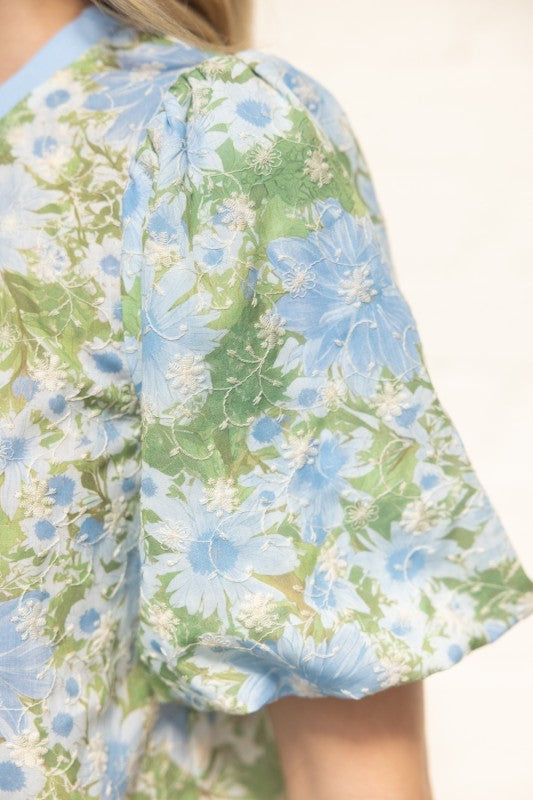 36737 Floral Print Embroidered Top