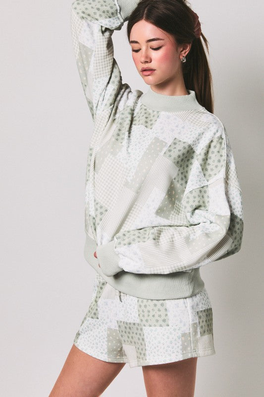 IT6415 Mock Neck Patchwork Print Sweatshirt