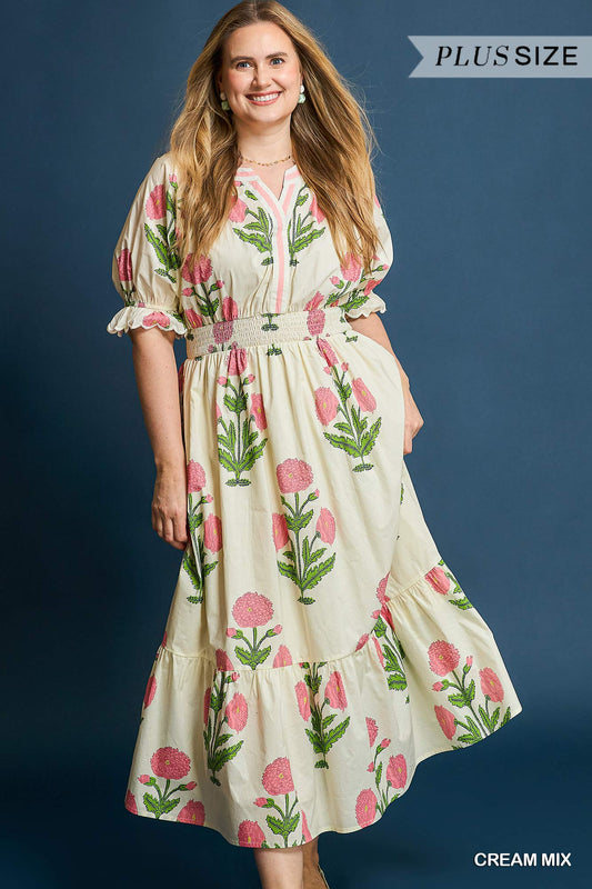 WC4849 Curvy Floral Smocked Midi Dress