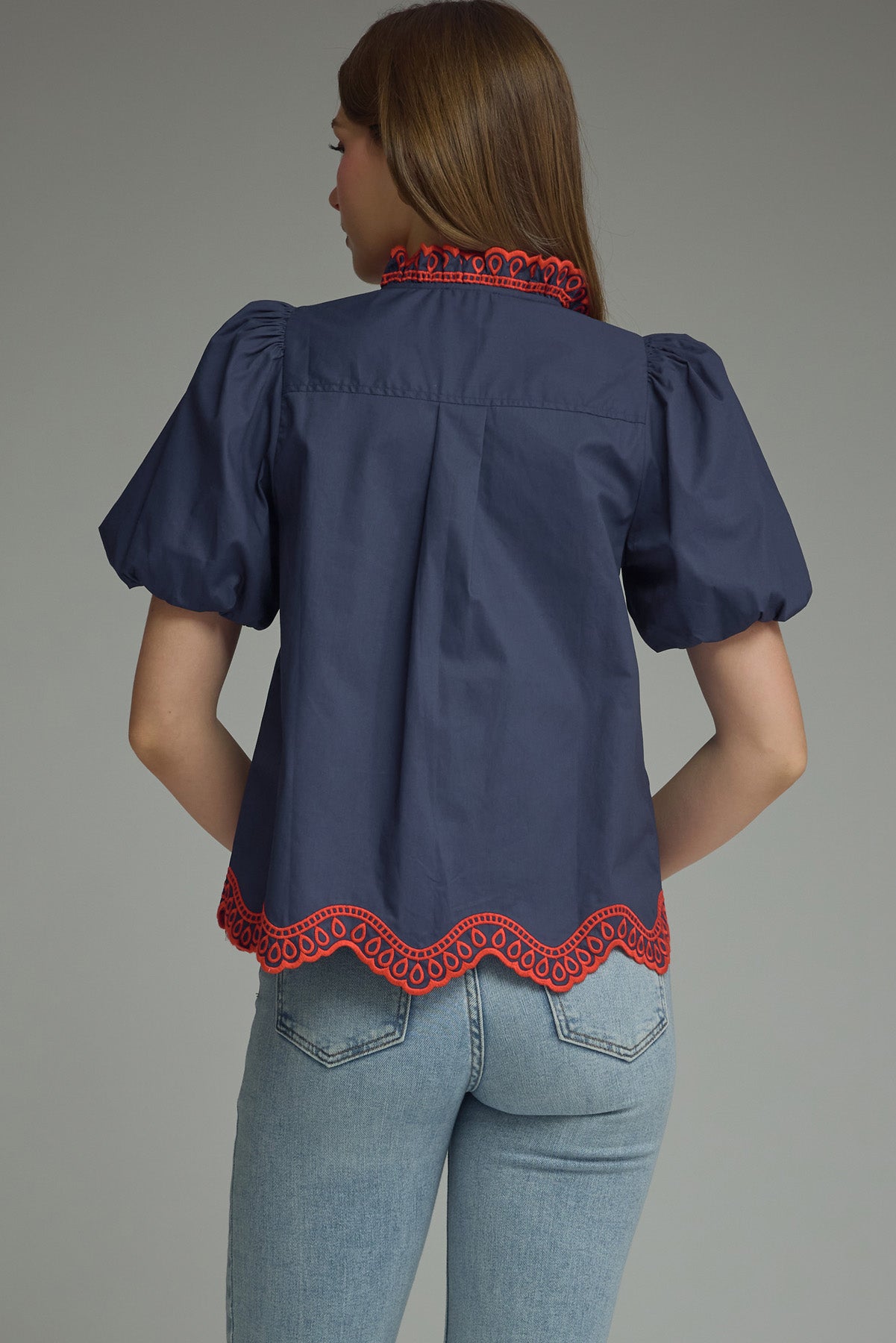 T31792 Embroidered Scallop Trim Detail Top