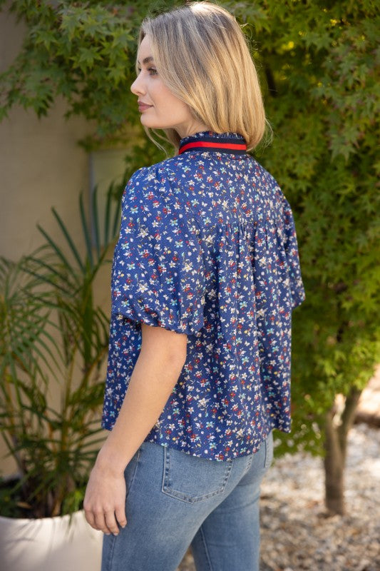 36257 Multicolor Striped Trim Detailed Floral Top