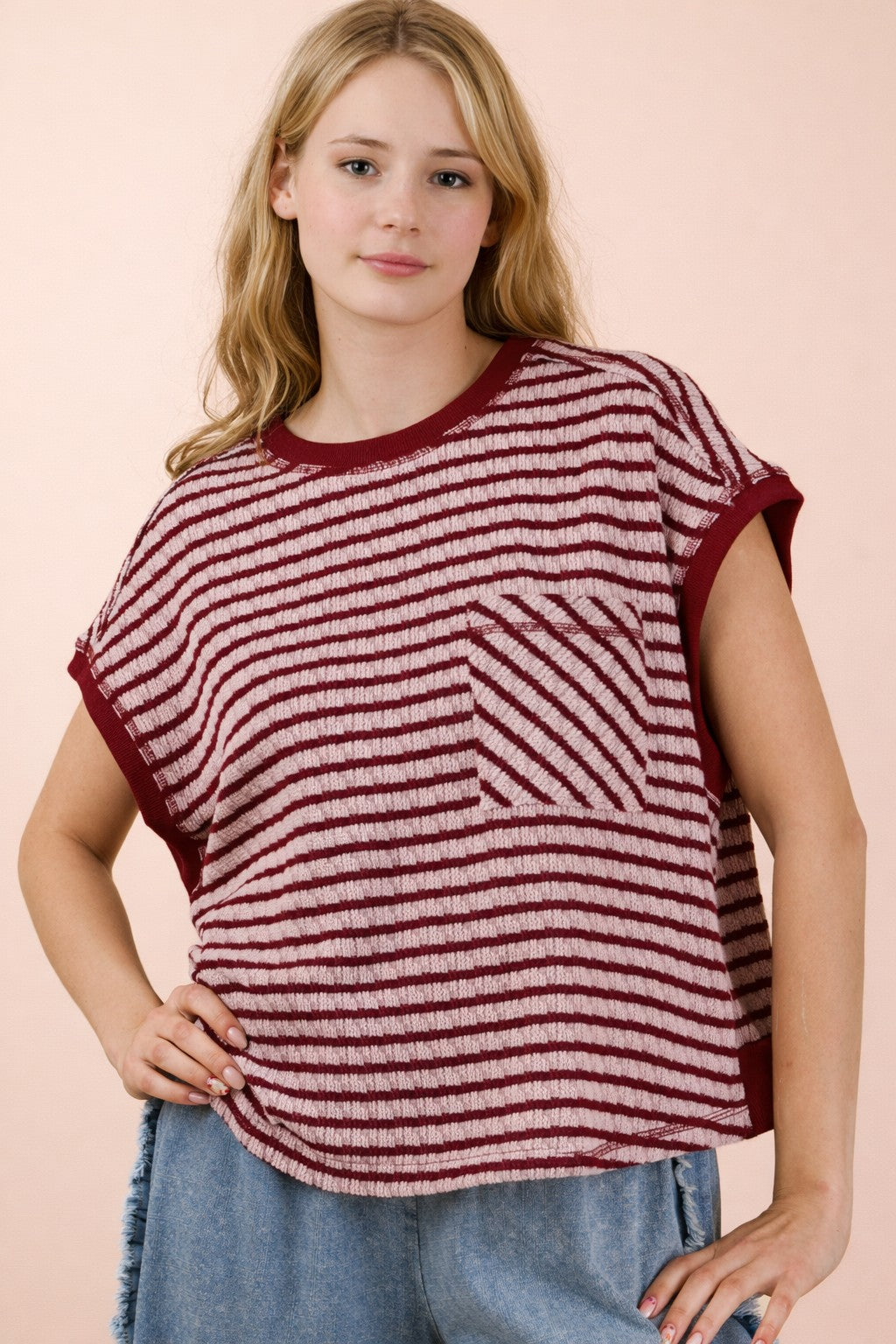 NT12605 Open Back Striped Textured Top
