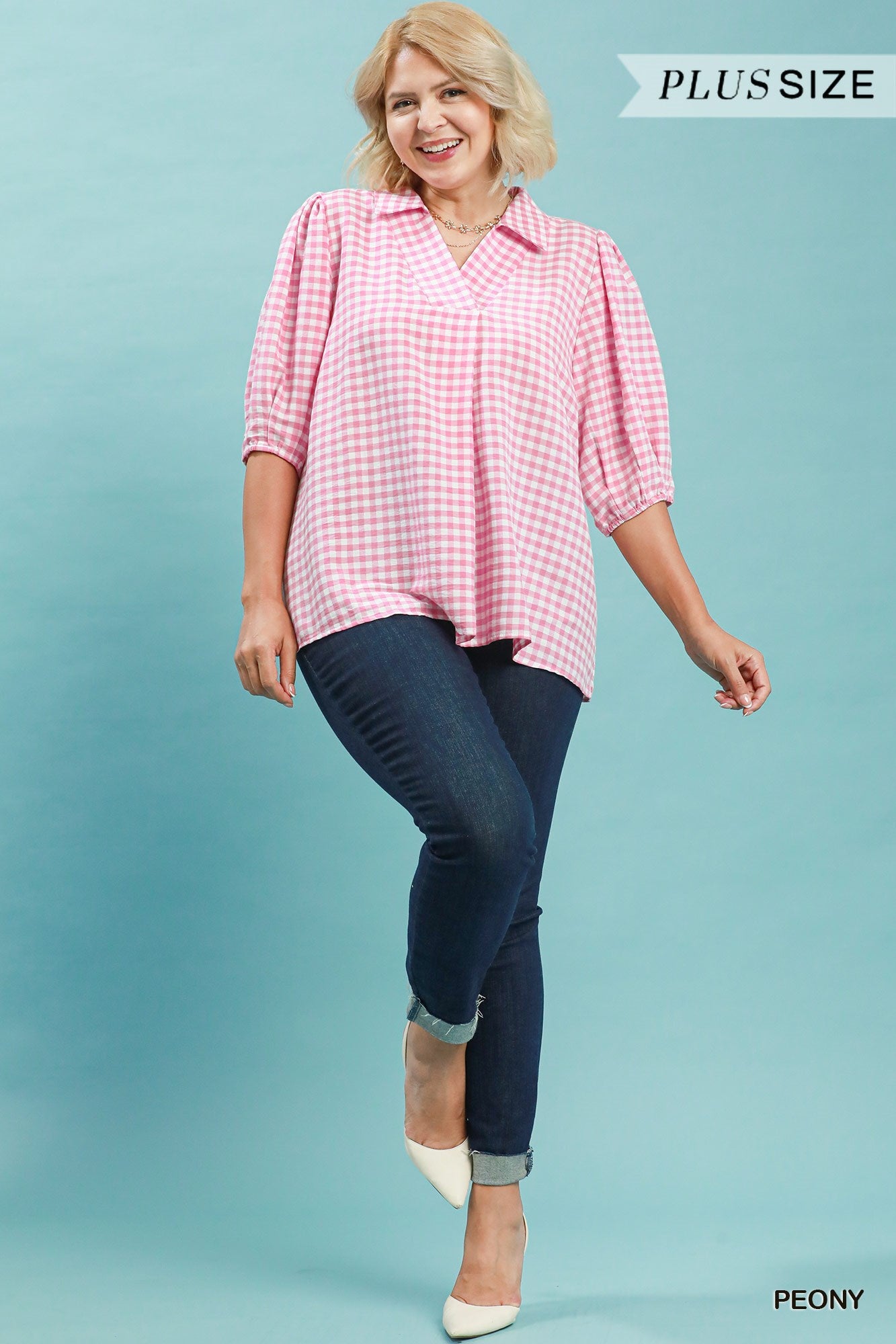 WC6390 Curvy Gingham Collared Blouse