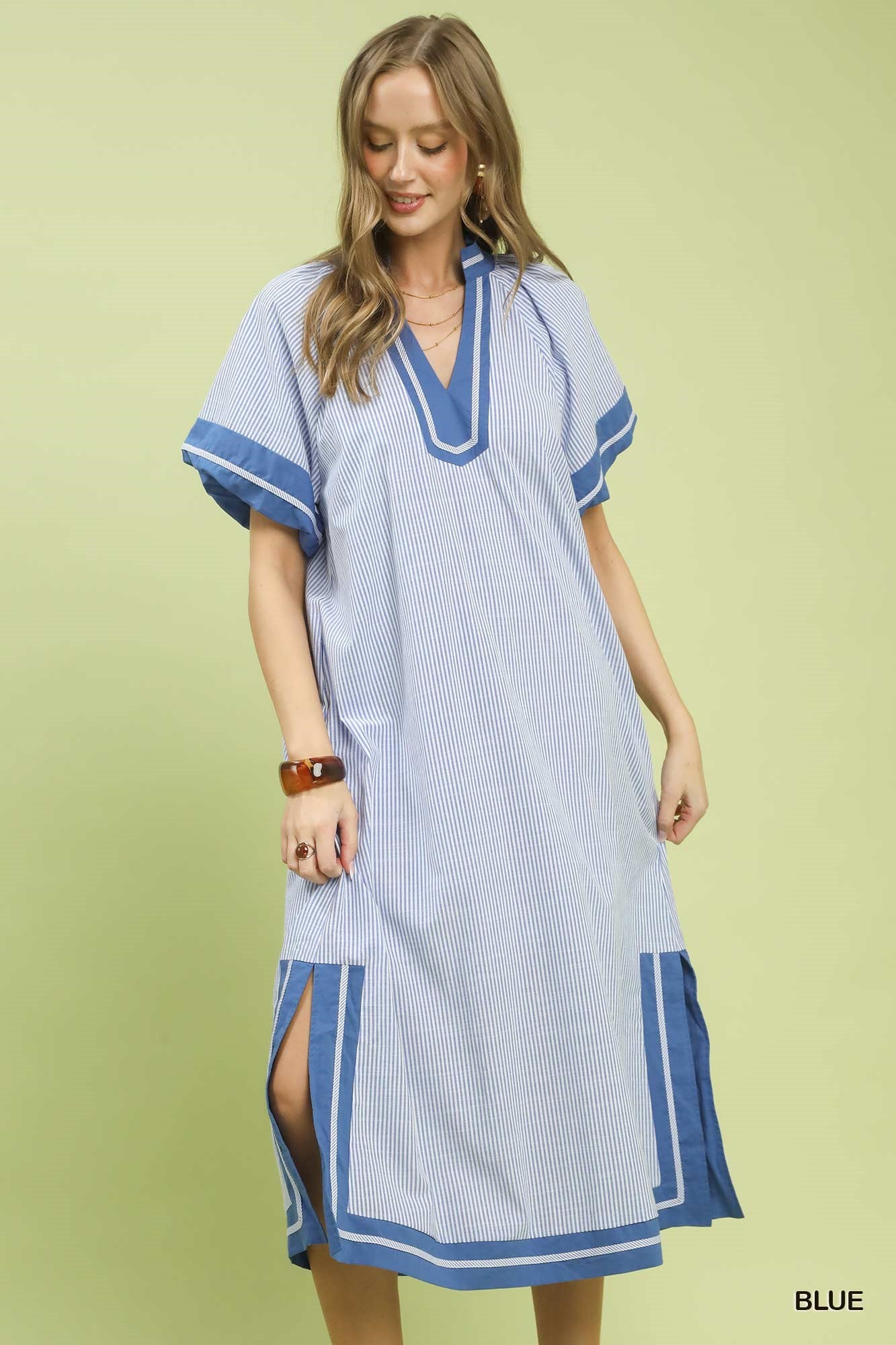 K2097 Pinstripe Contrast Trim Midi Dress