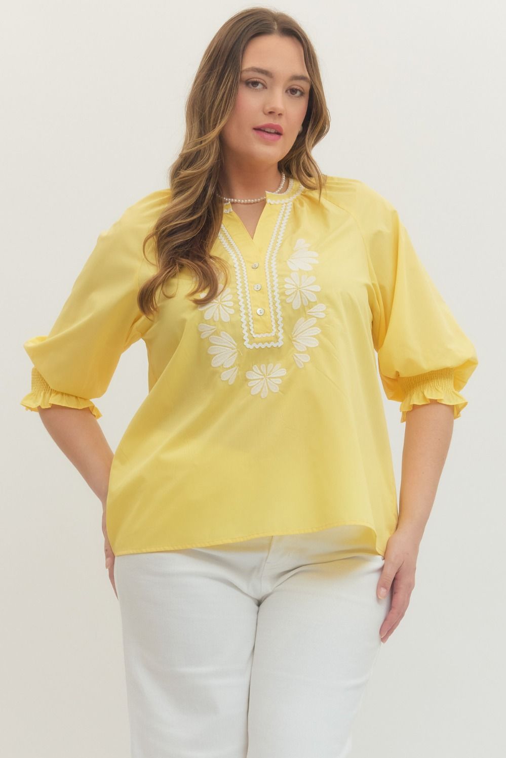 T30286P Curvy Solid Embroidered Top
