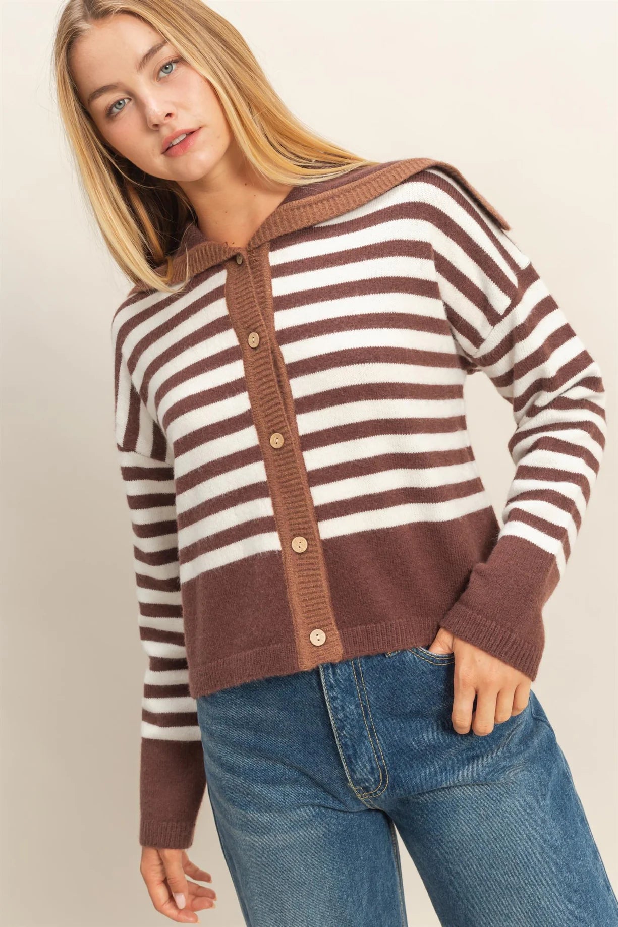 HF25E587 Striped Button-Up Sailor Collar Sweater