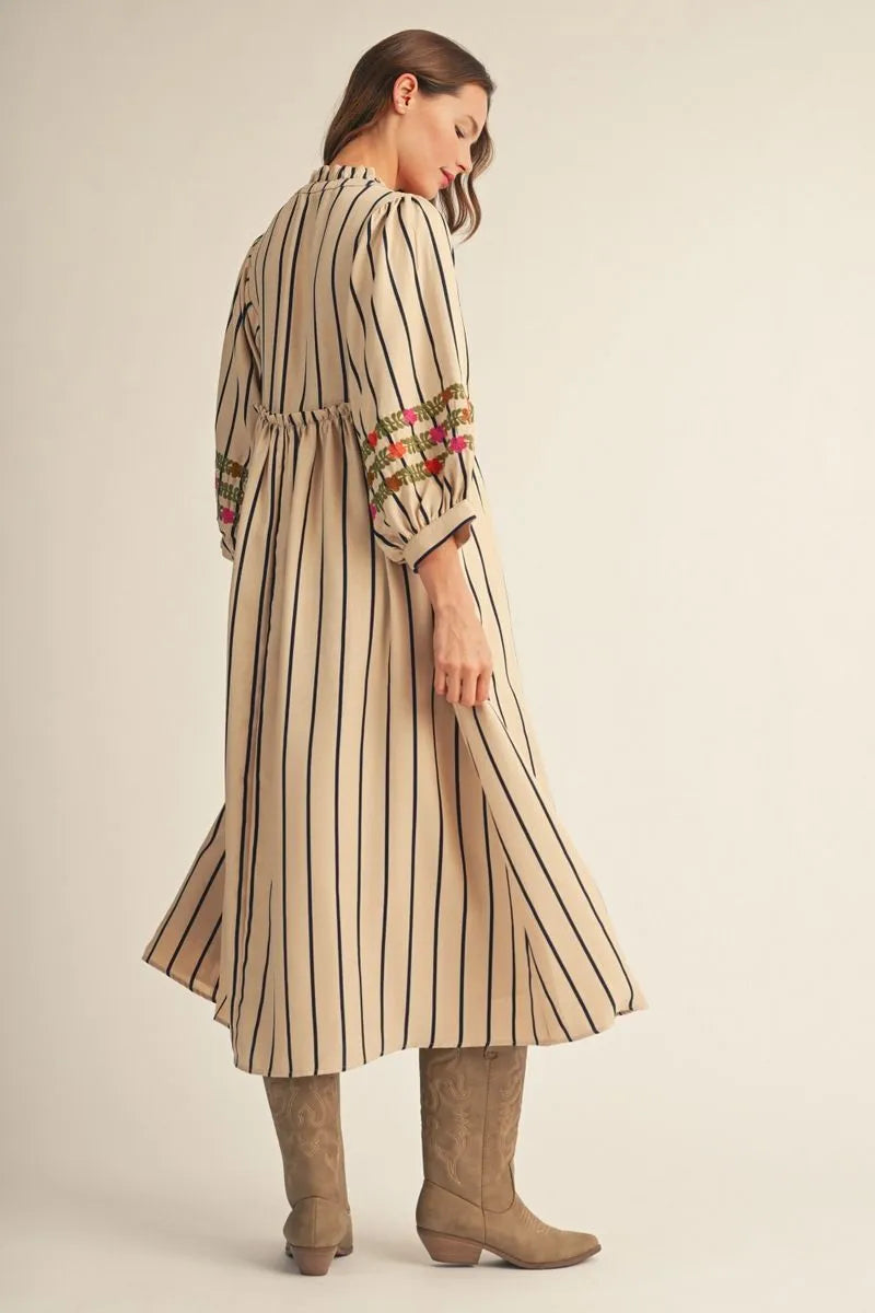 B12672-2 Stripe Peasant Style Midi Dress