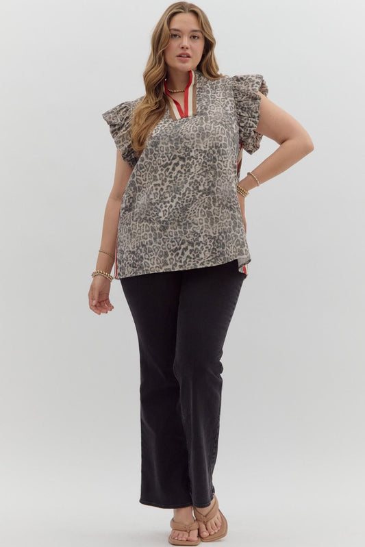 T27802P Curvy Leopard Print Flutter Sleeve Top