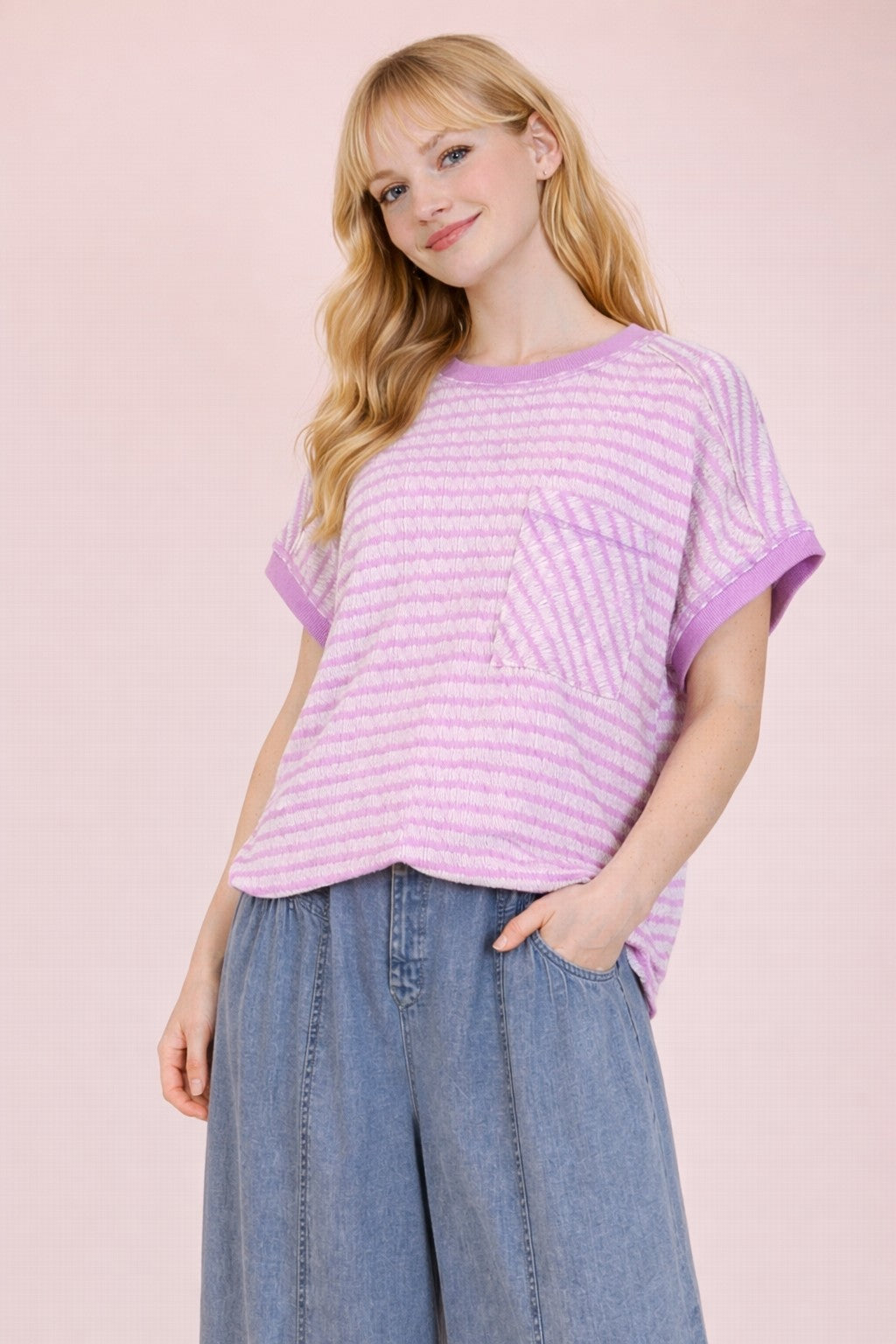 NT12605 Open Back Striped Textured Top