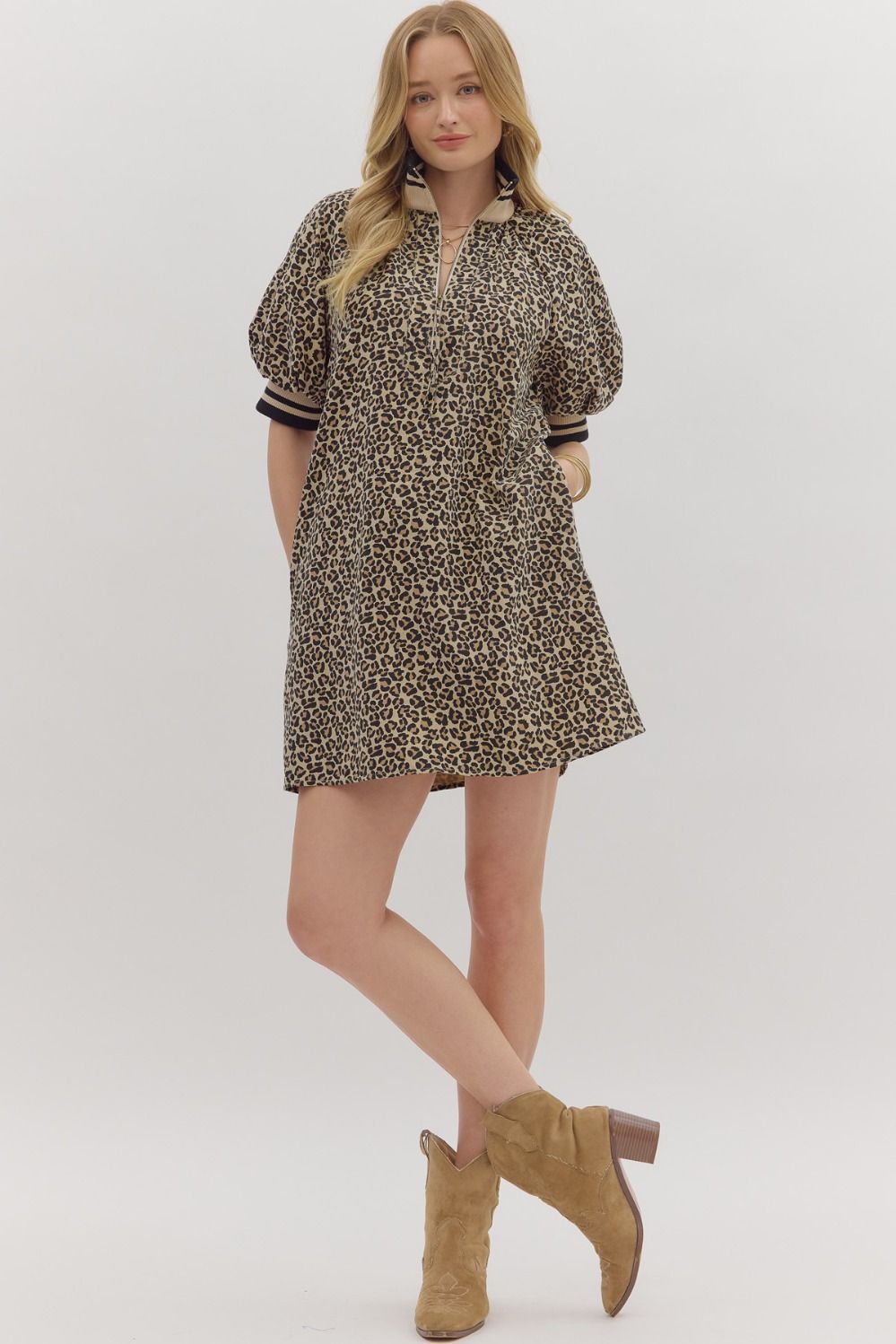 D28113 Leopard Print Puff Sleeve Mini Dress