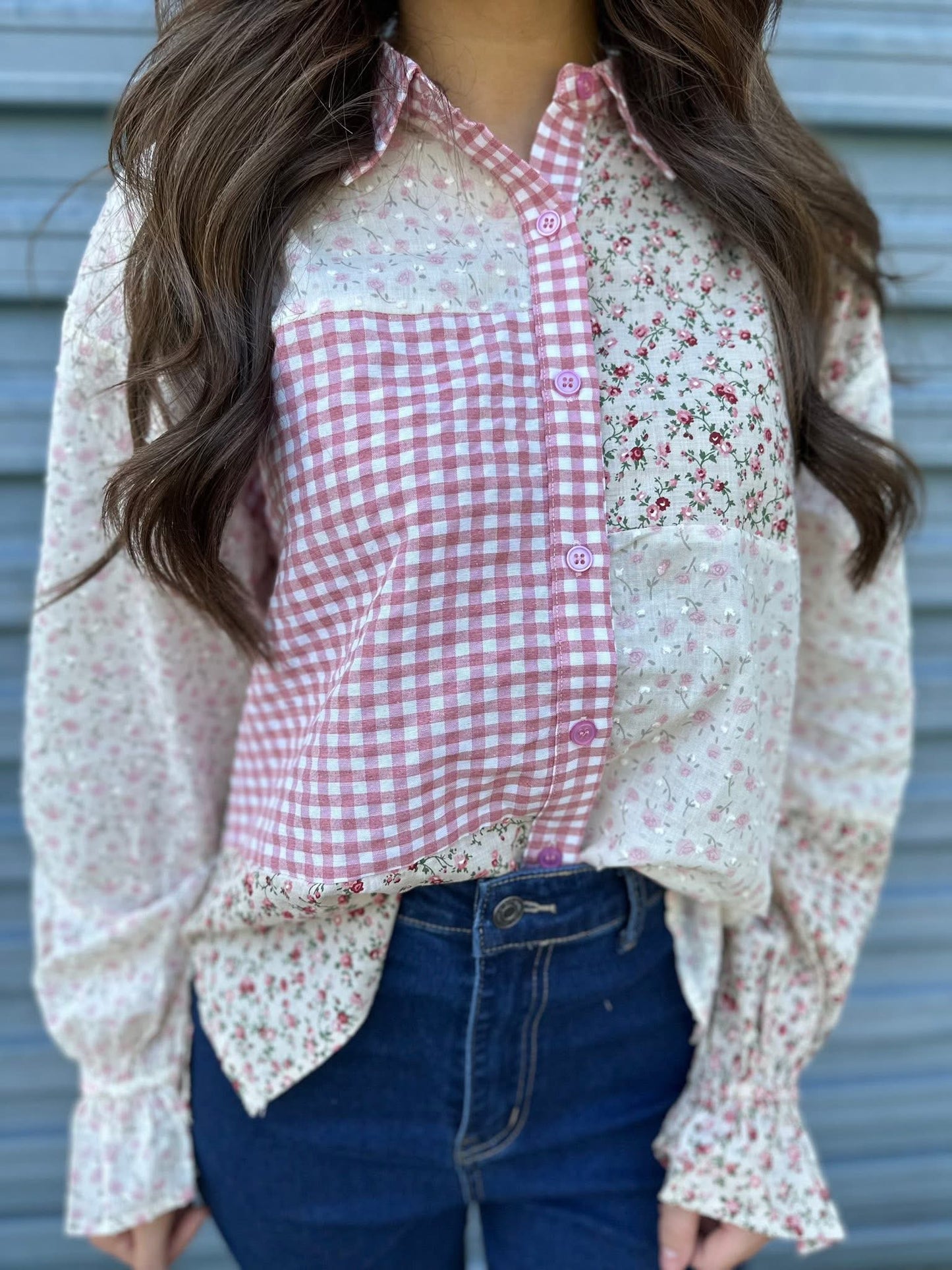 AT3070S Multi Print Colorblock Button Down Top