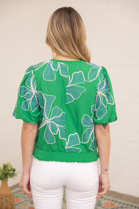 36711 Contrast Band Detailed Floral Embroidery Top
