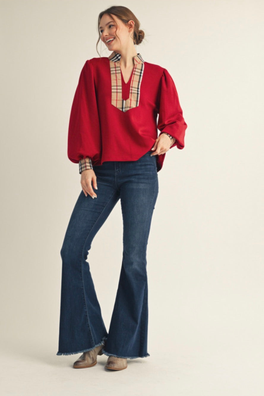 B12748 Plaid Contrast Accent Top