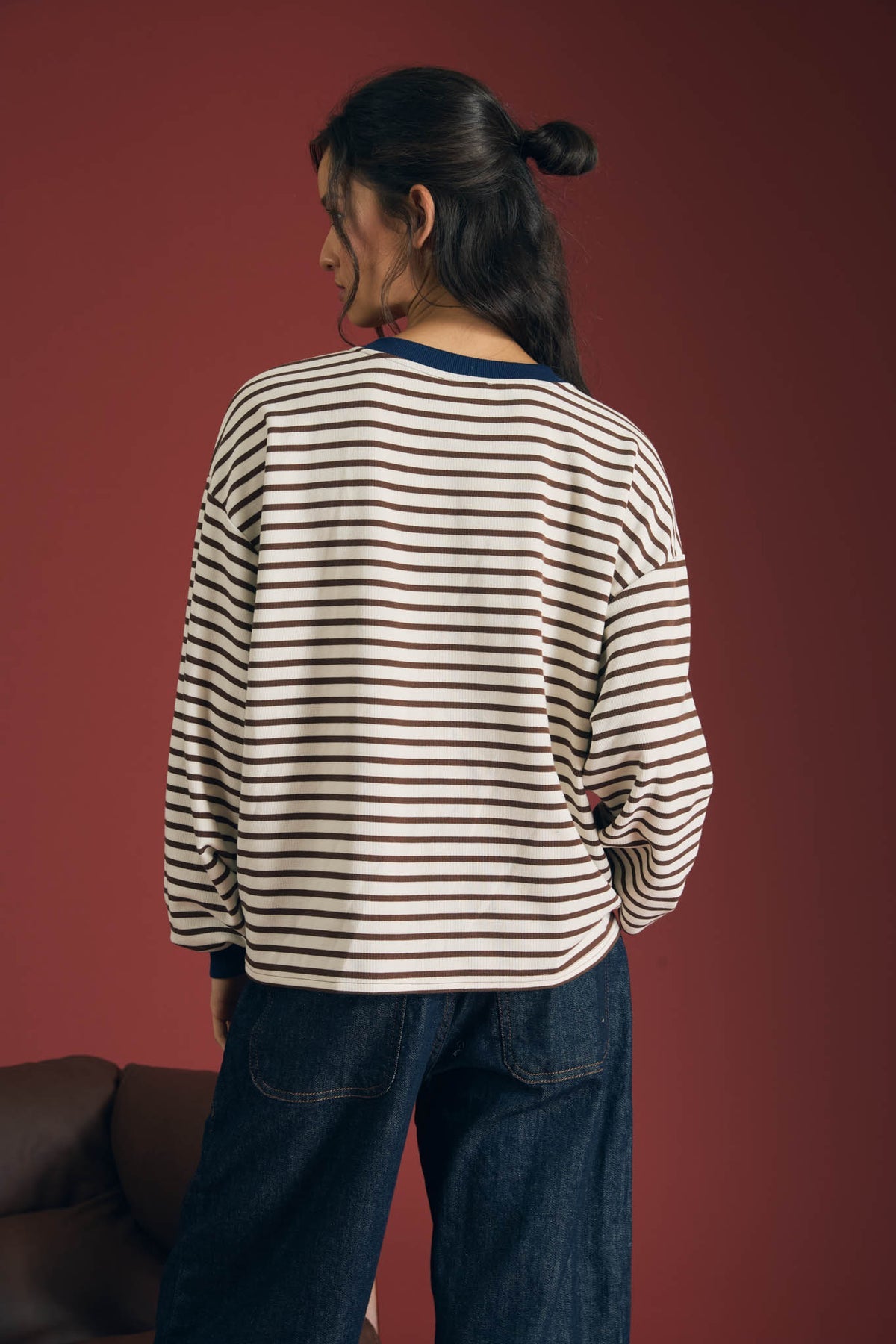B6FT1069 Stripe V-Stitch Top