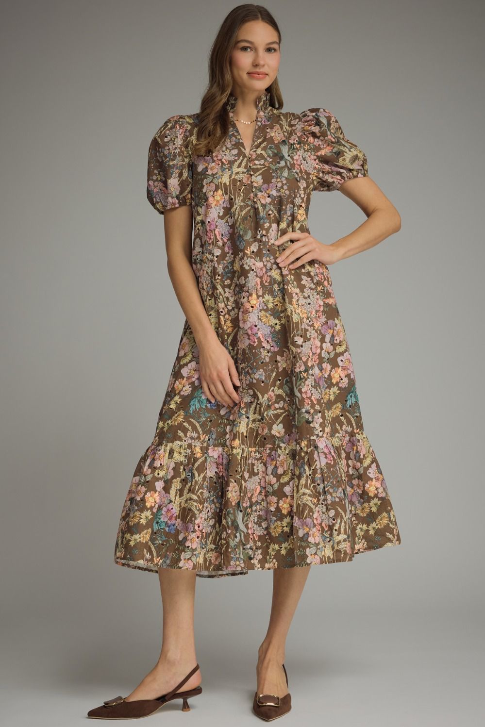 D32053 Floral Eyelet Midi Dress