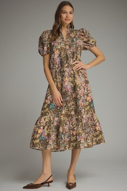 D32053 Floral Eyelet Midi Dress