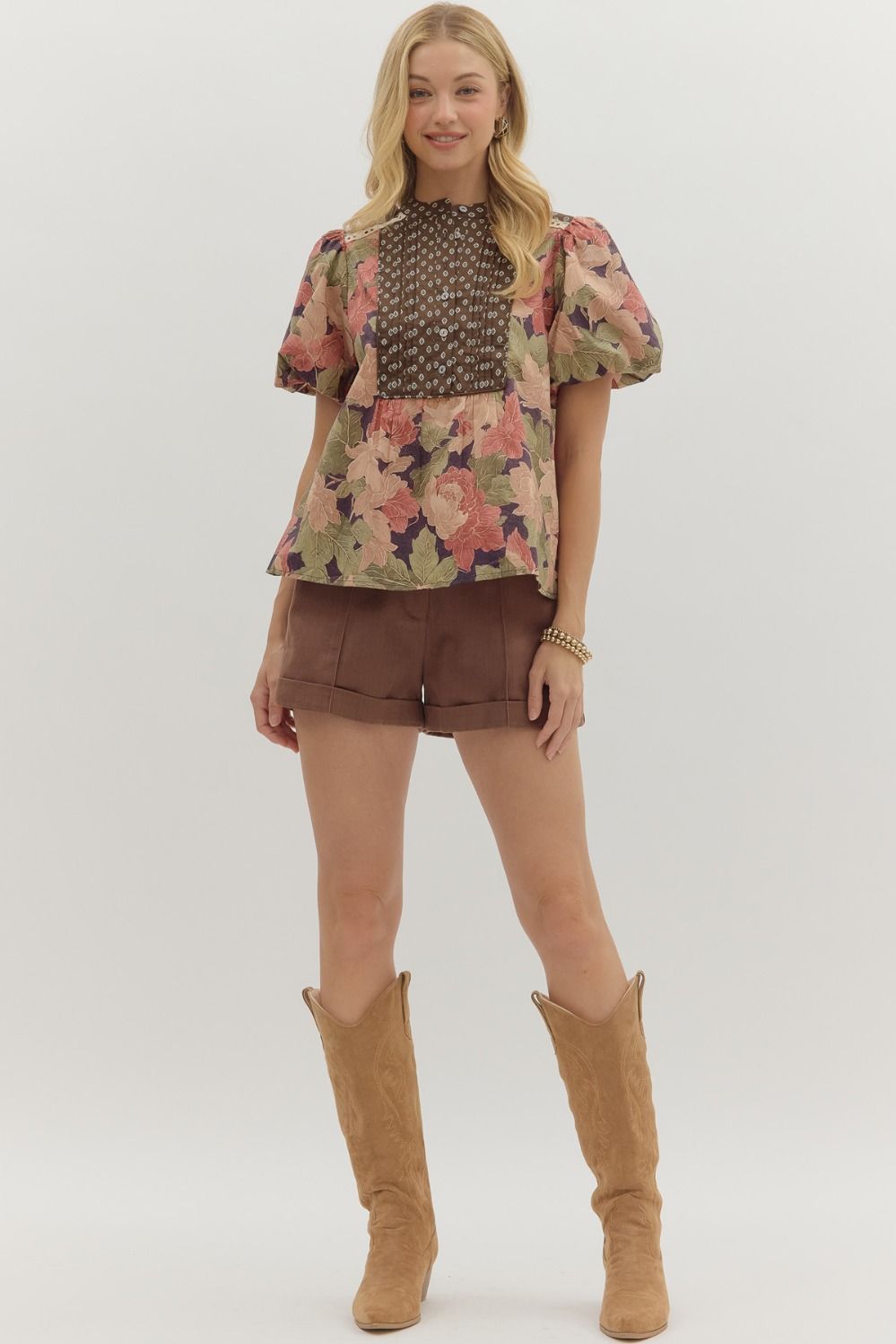 T28196 Floral Pattern Bubble Sleeve Top